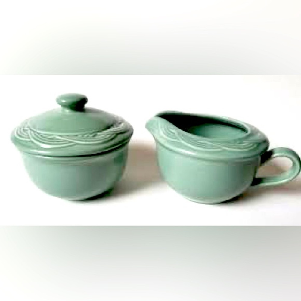 Pfaltzgraff Acadia Cypress Green Woven Creamer & Covered Sugar Bowl Set